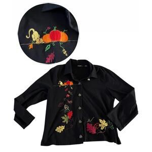 Y2K 2000s Black Leaves and Cat Embroidered Button Up Top Wmn XL Cottagecore